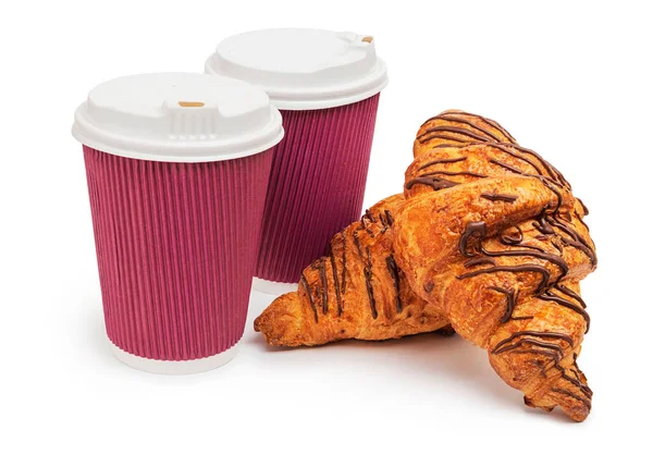 Dos Tazas Café Croissants Frescos Para Desayuno Imagen de stock