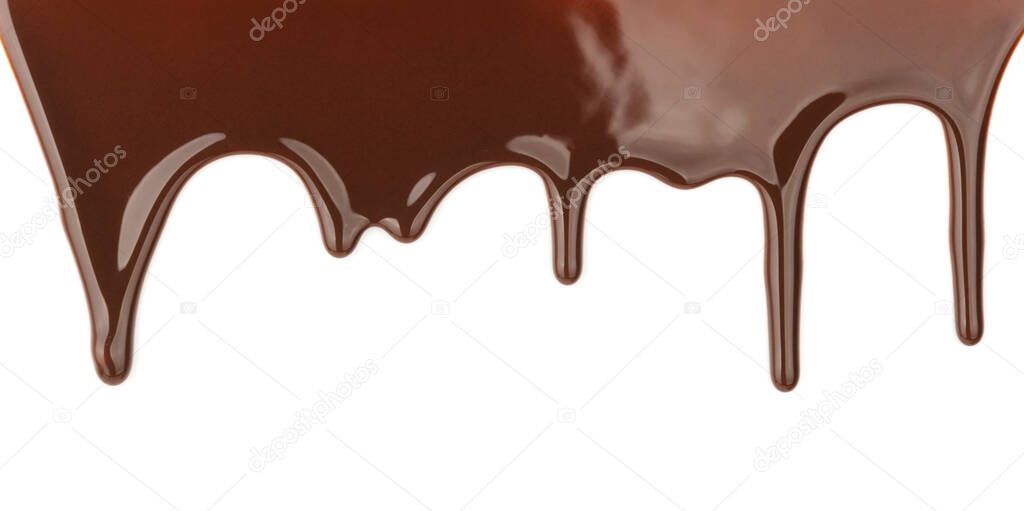 Melted dripping chocolate on white background