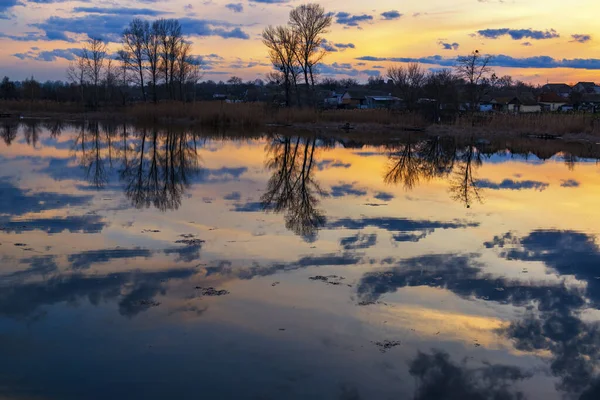Gölde sakin bir akşam. Gün batımı gökyüzü ve ağaçlar gölde yansıyor. Balıkçılık, meditasyon ve sosyal mesafeler için mükemmel bir yer. Kırsal kesimdeki hayatın güzelliği. Kırsal alan.