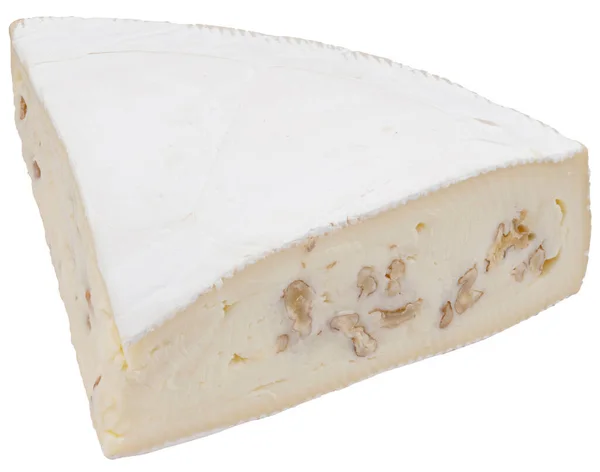 Piece Delicious Brie Cheese Walnuts Isolated White — Fotografia de Stock