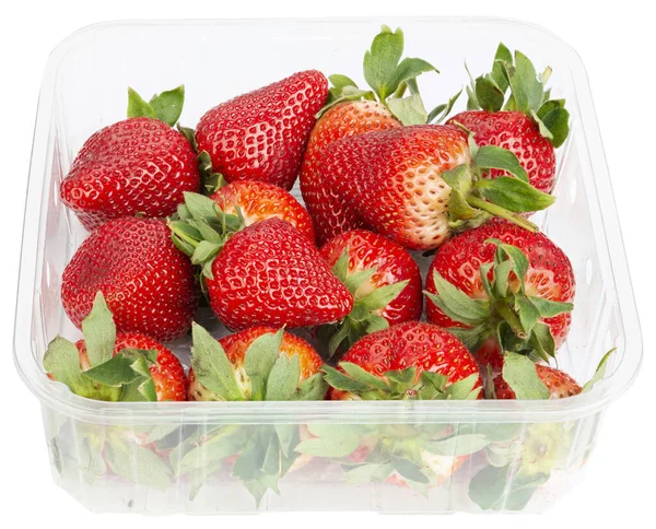 Fresh Strawberries Plastic Container Isolated White Background — 图库照片