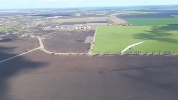 Askılı Planör Kanatları Baharda Ekilmiş Tarlaların Üzerinde Uçan Bir Kuş — Stok video