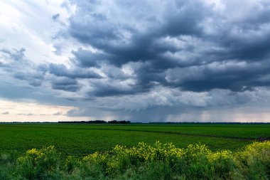 Dramatic stormy sky with heavy rains on the horizon. Beautiful rural landscape.