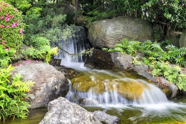 Beautiful Waterfall Japanese Garden Surrounded Lush Asian Plants Flowers — 图库照片