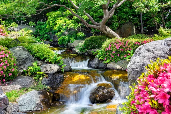 Beautiful rocky river cascade with stones, asian plants and flowers