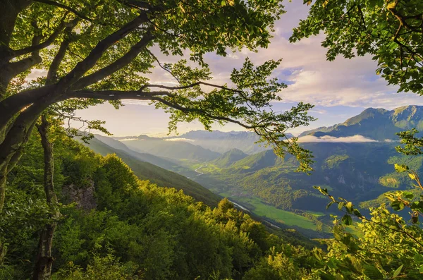 Gün Batımında Inanılmaz Dağ Vadisi Slovenya Nın Soca Vadisi Nde — Stok fotoğraf