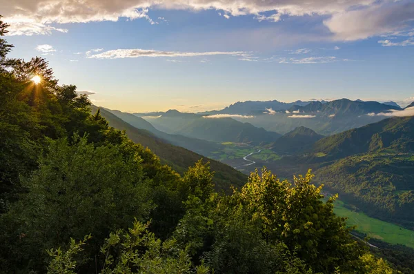 Pôr Sol Épico Vale Montanha Vale Soca Eslovénia — Fotografia de Stock