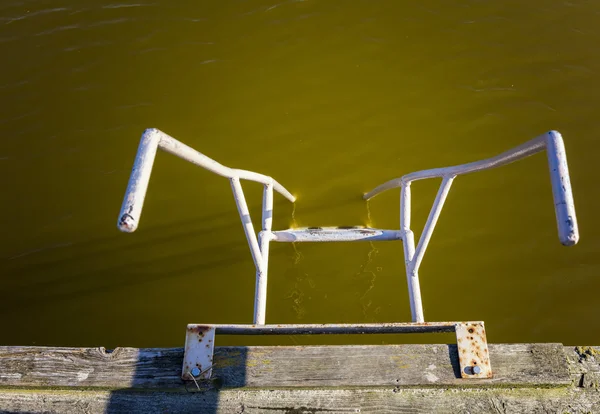 An old staircase leads to the polluted water of a lake — Stock Photo, Image