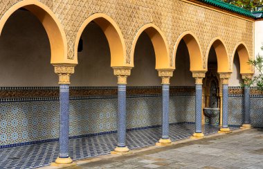 Berlin Hellersdorf, Almanya 'da çeşme, çiçek ve diğer bitkilerle dolu doğu bahçesi