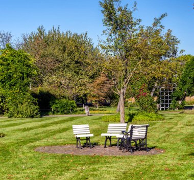 Resim, Britzer Garden 'da dört beyaz sandalyesi ve yuvarlak bir masası olan iyi korunmuş bir oturma alanını gösteriyor. Çevre sonbahar renkli çimen ve çalılarla karakterize edilir; arka planda üç büyük taş heykel ve ağaçlar vardır.