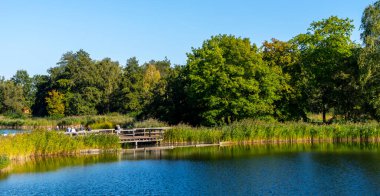 Britzer Garten, deniz kenarındaki ahşap sütunlar ve açık kırsal bölgeler, Berlin 'deki eğlence alanı, yeşil alan ve çeşitli mekanları olan eğlence parkı, Berlin, Almanya