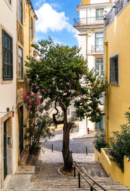 Eski Lizbon, Portekiz 'deki kentsel yapı, tarihi mimari, tramvay rayları, küçük sokaklar ve perakende mağazaları