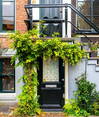 Hollanda, Amsterdam 'daki kanallar boyunca belediye binaları, çeşitli cepheler ve küçük girişler içeren mimari