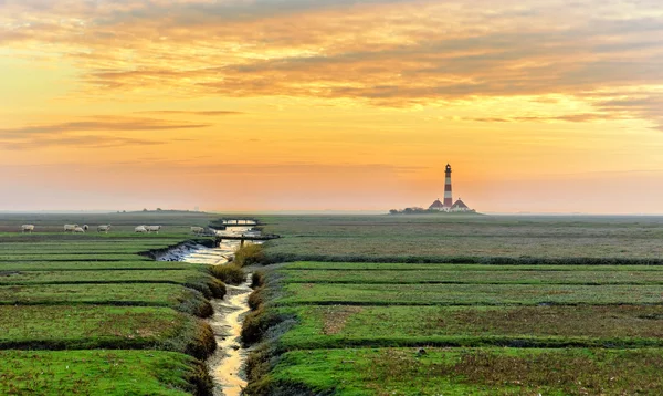 A világítótorony Westerhever Északi-tenger partján a — Stock Fotó