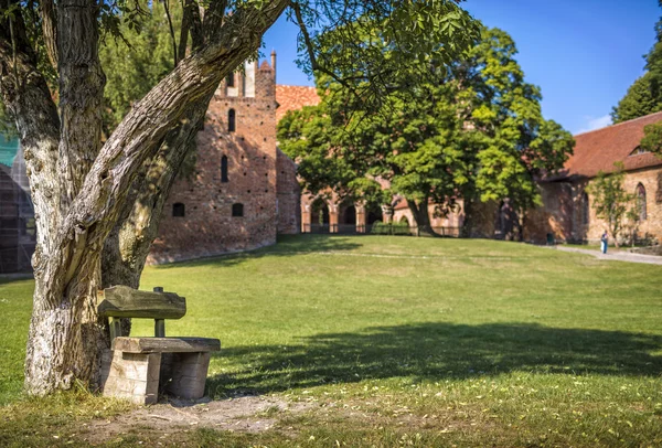 Egy kis fapadon fák alatt — Stock Fotó