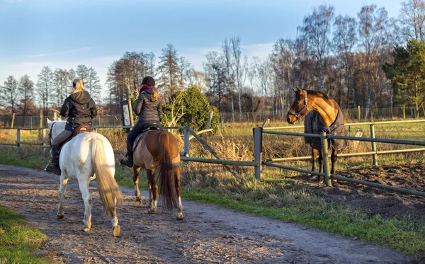 Jinetes en un camino de tierra a lo largo de la puerta — Foto de Stock