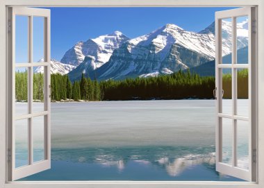 Open window view to Canadian Rockies Mountains clipart