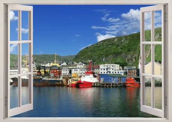 Open window view to Kerkines harbor, Norway — Stock Photo, Image