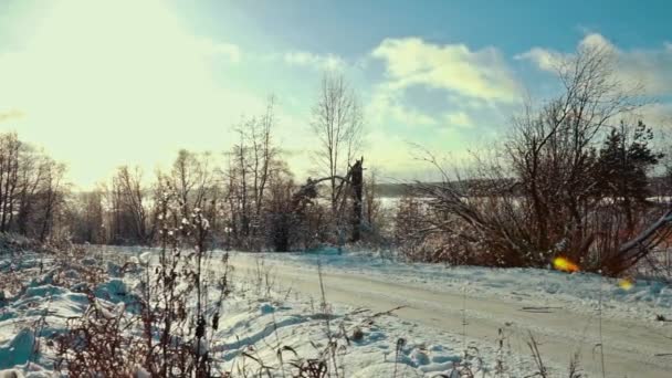 Vägen på ett snöigt fält i kall vinterdag — Stockvideo