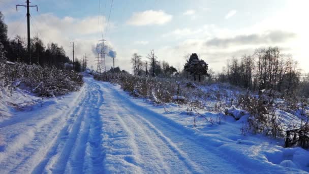 Camino en un campo nevado en el frío día de invierno — Vídeo de stock