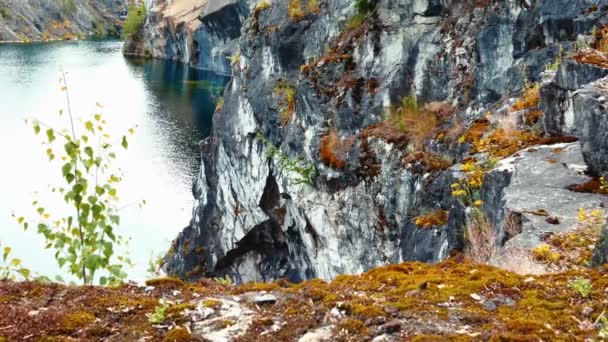 Musgo e grama em mármore Canyon Ruskeala em Carélia, Norte da Rússia — Vídeo de Stock