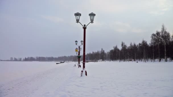 Twilight view at Onega lake embankment covered with snow — Stock Video
