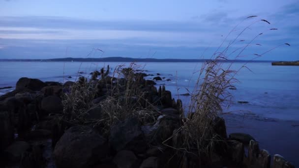 Bevroren Onega lake, oude houten pier en schepen — Stockvideo