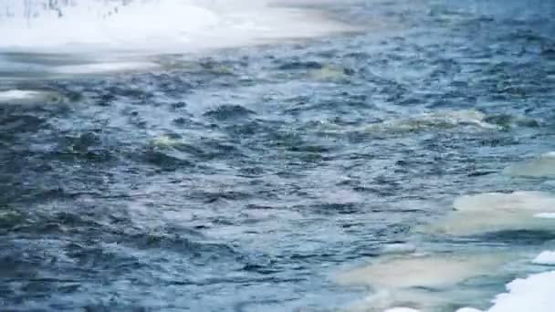 Vista no córrego do rio com bancos gelados — Vídeo de Stock