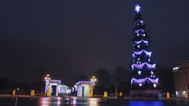 Smolensky-Kathedrale mit hohem Weihnachtsbaum und vorbeifahrenden Autos — Stockvideo