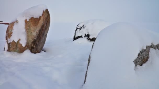 Verschillende granieten stenen bedekt met sneeuw — Stockvideo