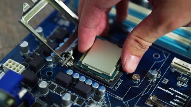 Instalando unidade de processador de CPU para placa-mãe — Vídeo de Stock