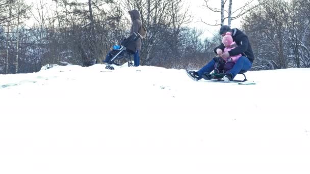 Crianças desfrutando de neve Sledge Slide — Vídeo de Stock