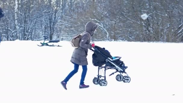 Donna porta un passeggino con bambino — Video Stock