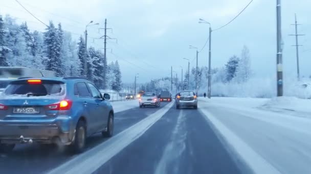 Besturen van de auto door zware sneeuwval — Stockvideo