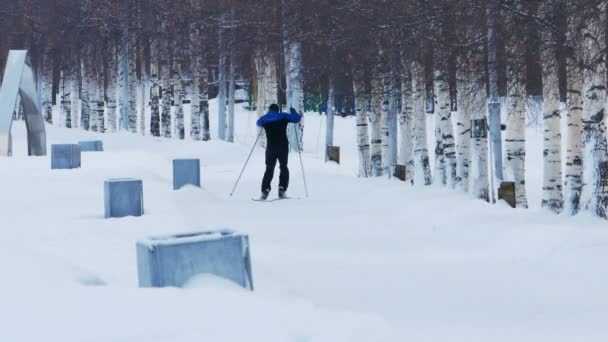 Entraînement de skieur en journée d'hiver, Petrozavodsk, Carélie, Russie — Video