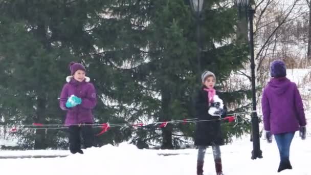 Kinderen die plezier hebben en sneeuwballen spelen in de koude winterdag — Stockvideo