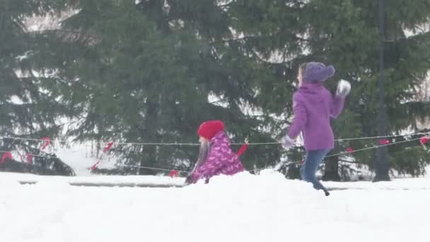 Τα παιδιά που διασκεδάζουν και παίζουν χιονόμπαλες στην κρύα μέρα του χειμώνα — Αρχείο Βίντεο