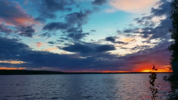 Ljusa solnedgången vid sjöstranden — Stockvideo