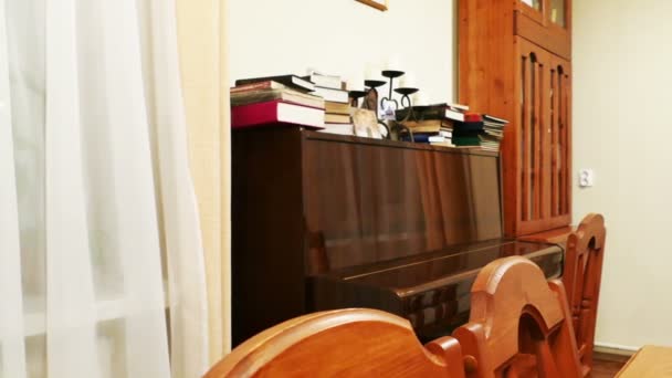 Bruin gepolijst Piano in de bibliotheek, Shot Slider — Stockvideo