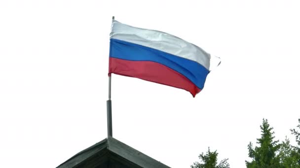 Bandera de Rusia en el tejado de la casa rural de madera — Vídeo de stock