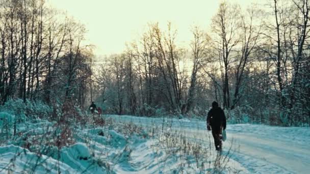 Δρόμο σε ένα χιονισμένο πεδίο στην κρύα ημέρα του χειμώνα — Αρχείο Βίντεο