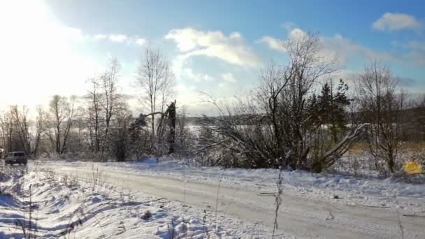 Straße auf einem verschneiten Feld an kalten Wintertagen — Stockvideo