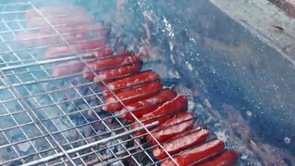 Preparación de salchichas a la parrilla en la barbacoa — Vídeos de Stock