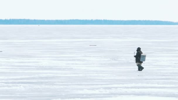 Рыбаки на льду у замёрзшего озера зимой — стоковое видео