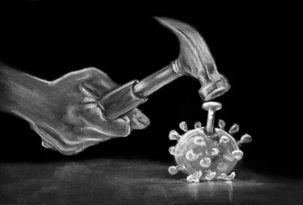 コロナウイルスを中和する方法 爪でウイルスをハンマーに寓意的な象徴的な行動 黒を背景にチョーク絵を描く手 — ストック写真