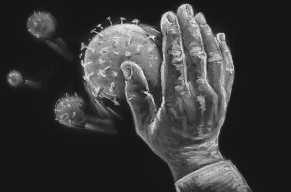 Male Hand Pushes Coronavirus Away Itself Hand Drawing Chalk Black — Stock Photo, Image