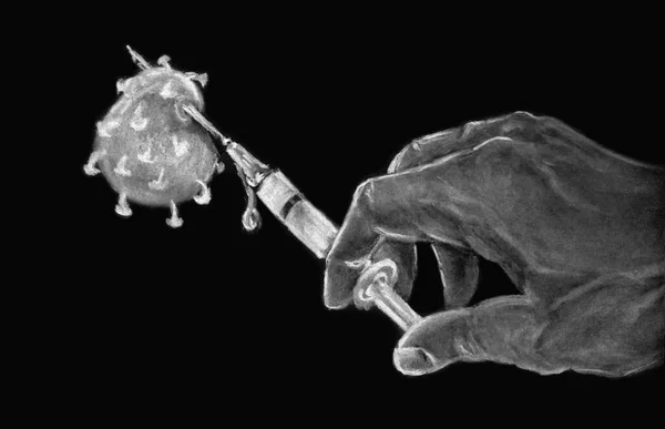 A male hand with a syringe makes an injection of the coronavirus. Symbolizes the need for vaccinations in the fight against the virus. Hand drawing with chalk on black background