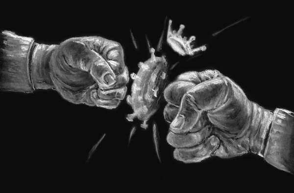雄鱼的手撞到了头鼻病毒象征着联合力量与病毒作斗争 用粉笔在黑色背景上手绘 — 图库照片