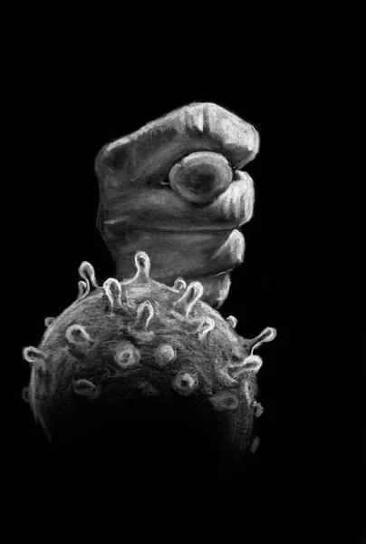 如何中和头孢病毒 一种寓言式的象征性动作 以表明病毒是一种下流的姿态 用粉笔在黑色背景上手绘 — 图库照片