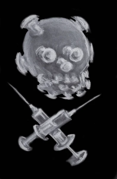 알레고리적 상징적 코로나 바이러스는 죽음과 관련이 배경에 분필을 손으로 — 스톡 사진